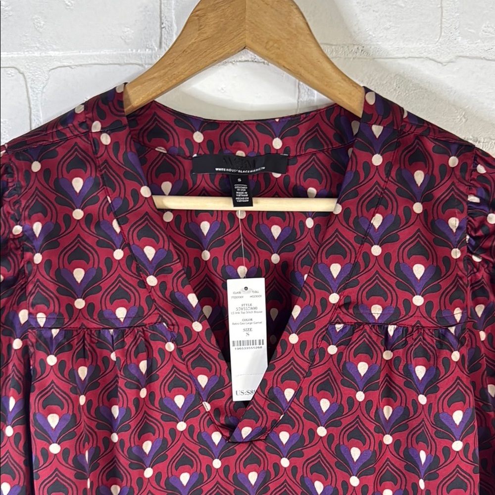 WHBM V-Neck Long Sleeve Printed Blouse - Burgundy Multi Small - Picture 8 of 15